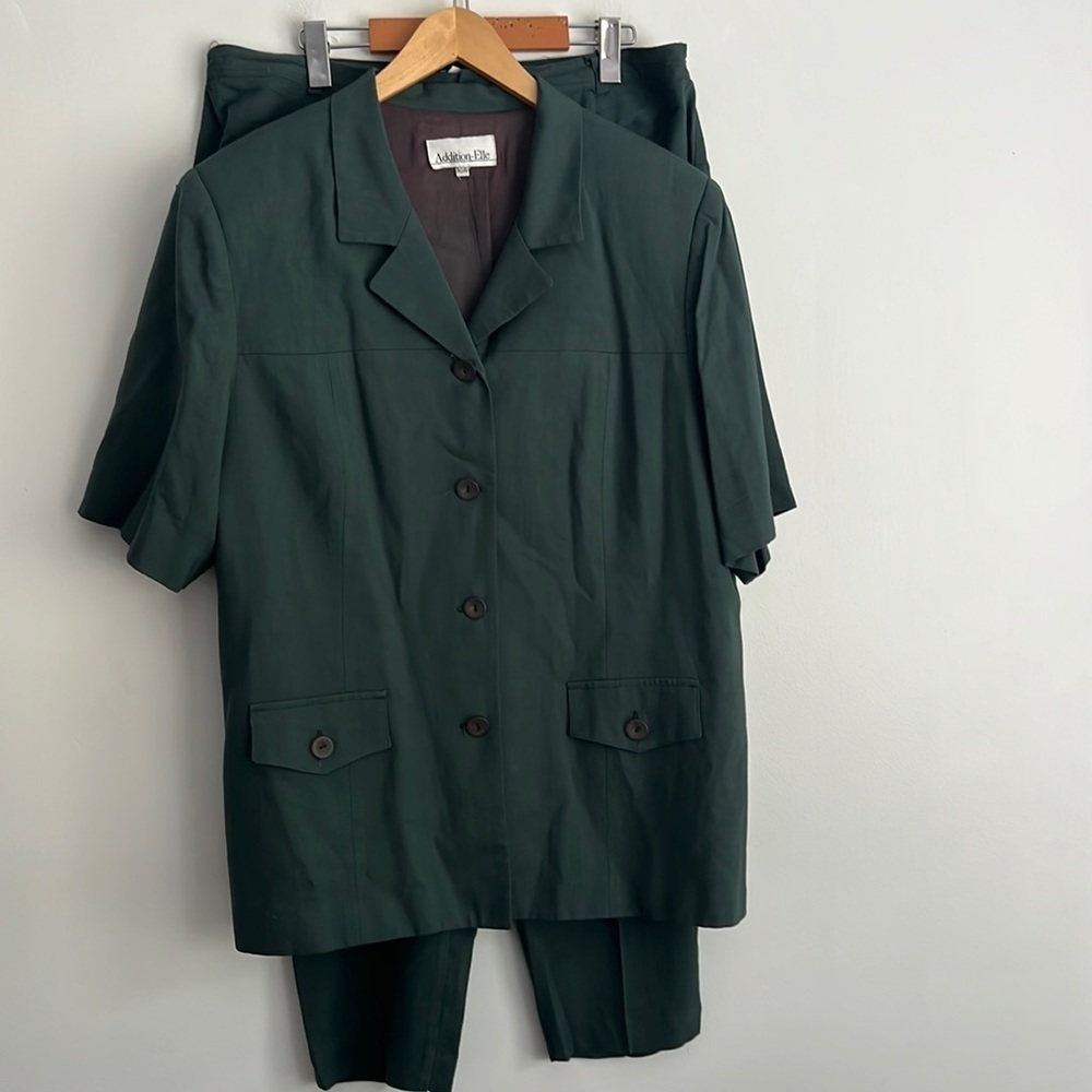 Addition Elle Petite Linen Blend Two Piece Pants Suit Short Sleeve Green